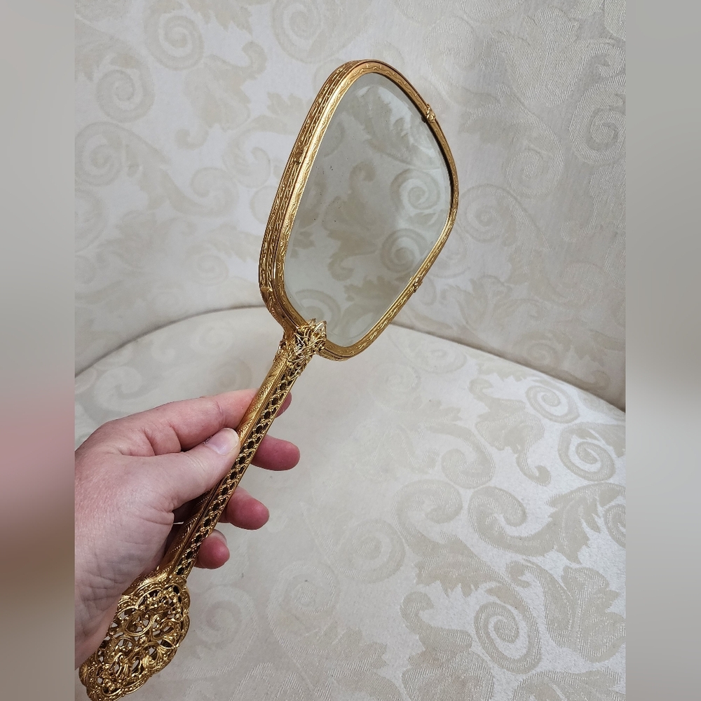 VINTAGE Gold Tone Hand Mirror Embroidered Floral Back Heavy Beveled Glass Vanity - Picture 2 of 13
